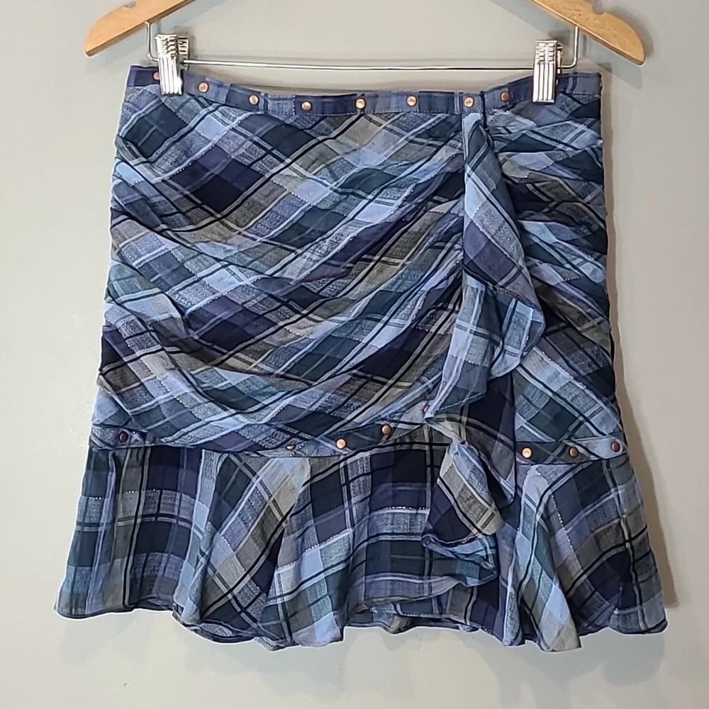 Veronica Beard Parris Plaid‎ Ruffle Tulip Skirt Size 8 Plaid Luxury Designer